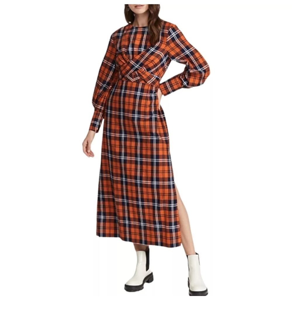 STAUD Crosshill Gingham Midi Dress Open Back Summer Dress Size Small